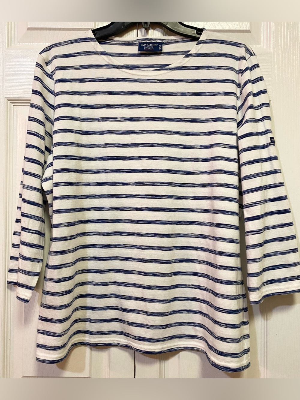 Saint James White and Navy Striped Long Sleeve Boatneck Top (Sz 14) Ptp21.5”
